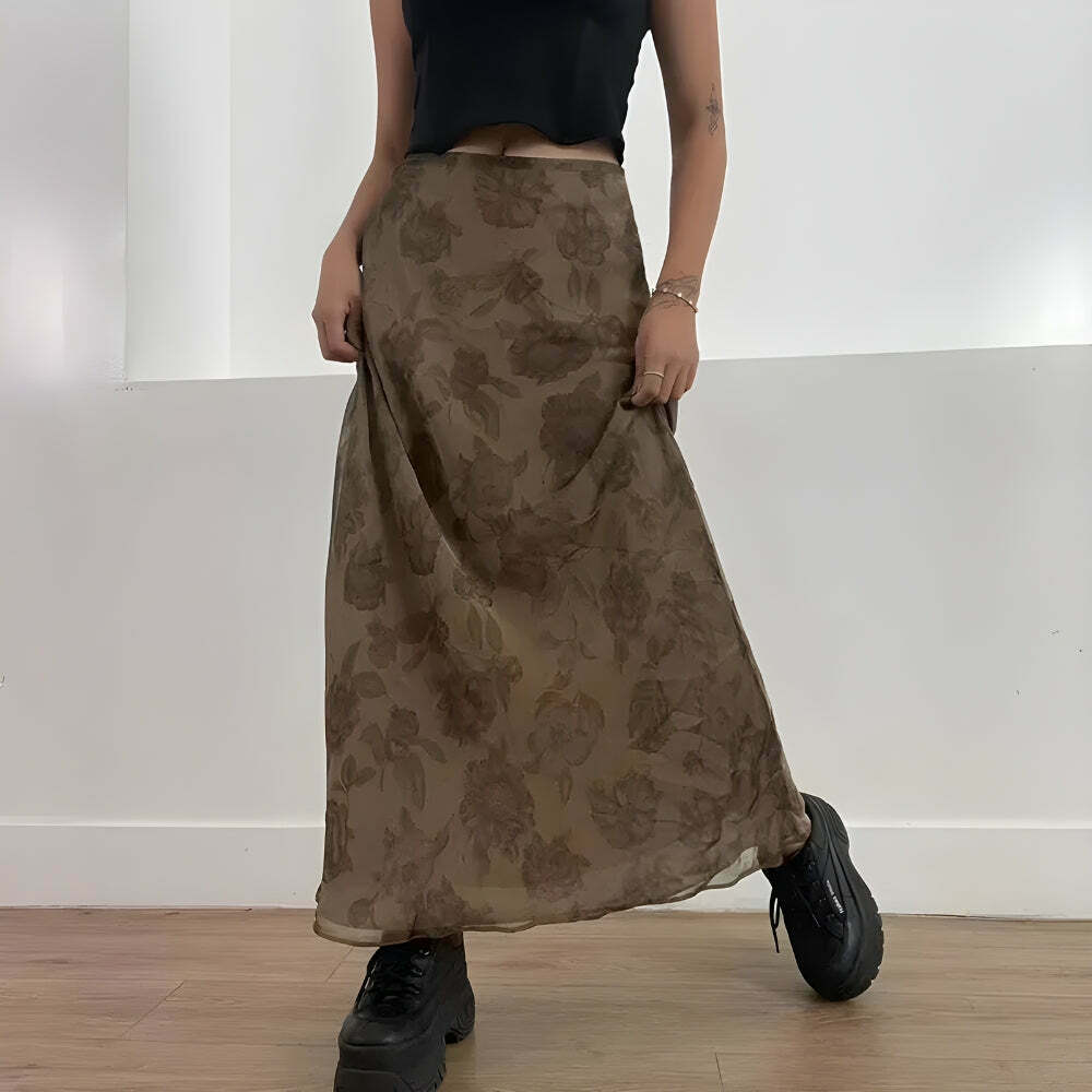 Chic Fairy Grunge Floral Maxi Skirt - Y2K Style with Pleated Design and Khaki Accents