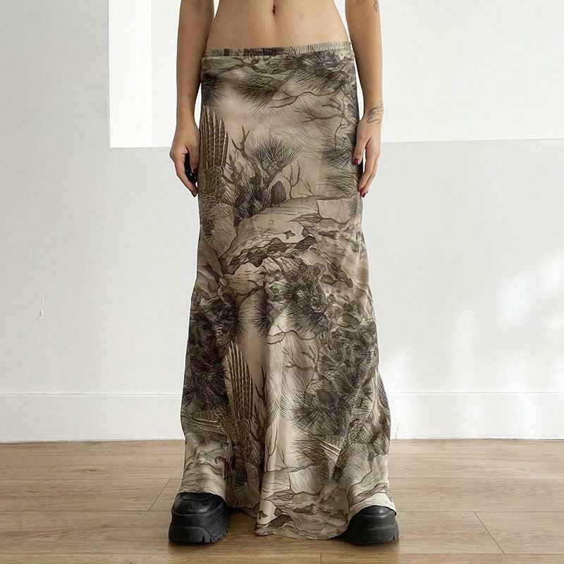 Chic Fairy Grunge Forest Maxi Skirt in Khaki - Y2K Pleated Style for Trendy Looks