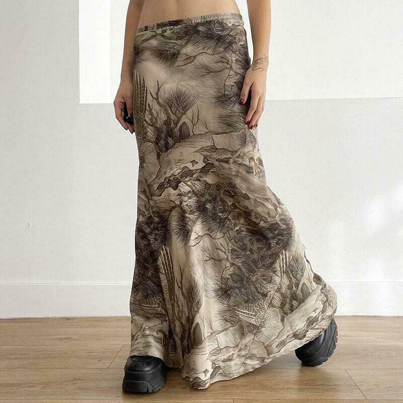 Chic Fairy Grunge Forest Maxi Skirt in Khaki - Y2K Pleated Style for Trendy Looks