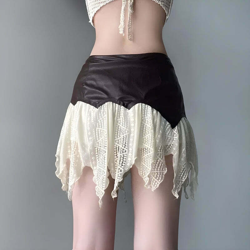 Chic Fairy Grunge Patchwork Lace Mini Skirt - Y2K Style with Pleated Design & Drawstring