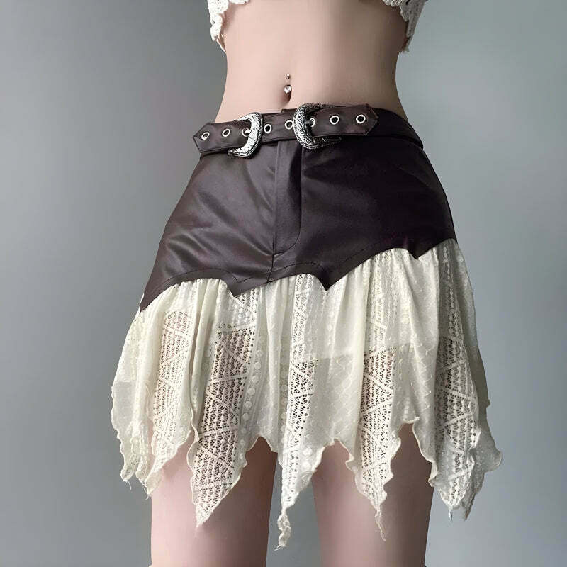 Chic Fairy Grunge Patchwork Lace Mini Skirt - Y2K Style with Pleated Design & Drawstring