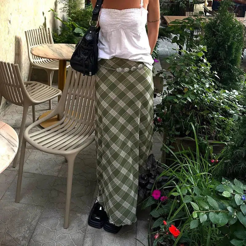 Chic Fairycore Plaid Maxi Skirt in Pink & Khaki - Trendy Y2K Style for Effortless Fashion