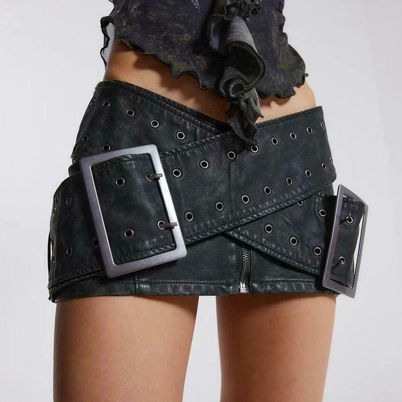 Chic Grunge Cross Belt Faux Leather Mini Skirt - Trendy Y2K Style in Khaki and Grey