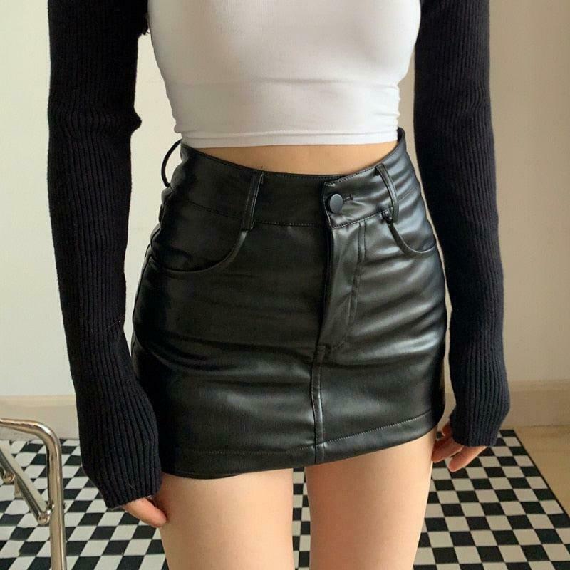 Chic Grunge Faux Leather Mini Skort with Belt - Y2K Style Leather Aesthetic Fashion