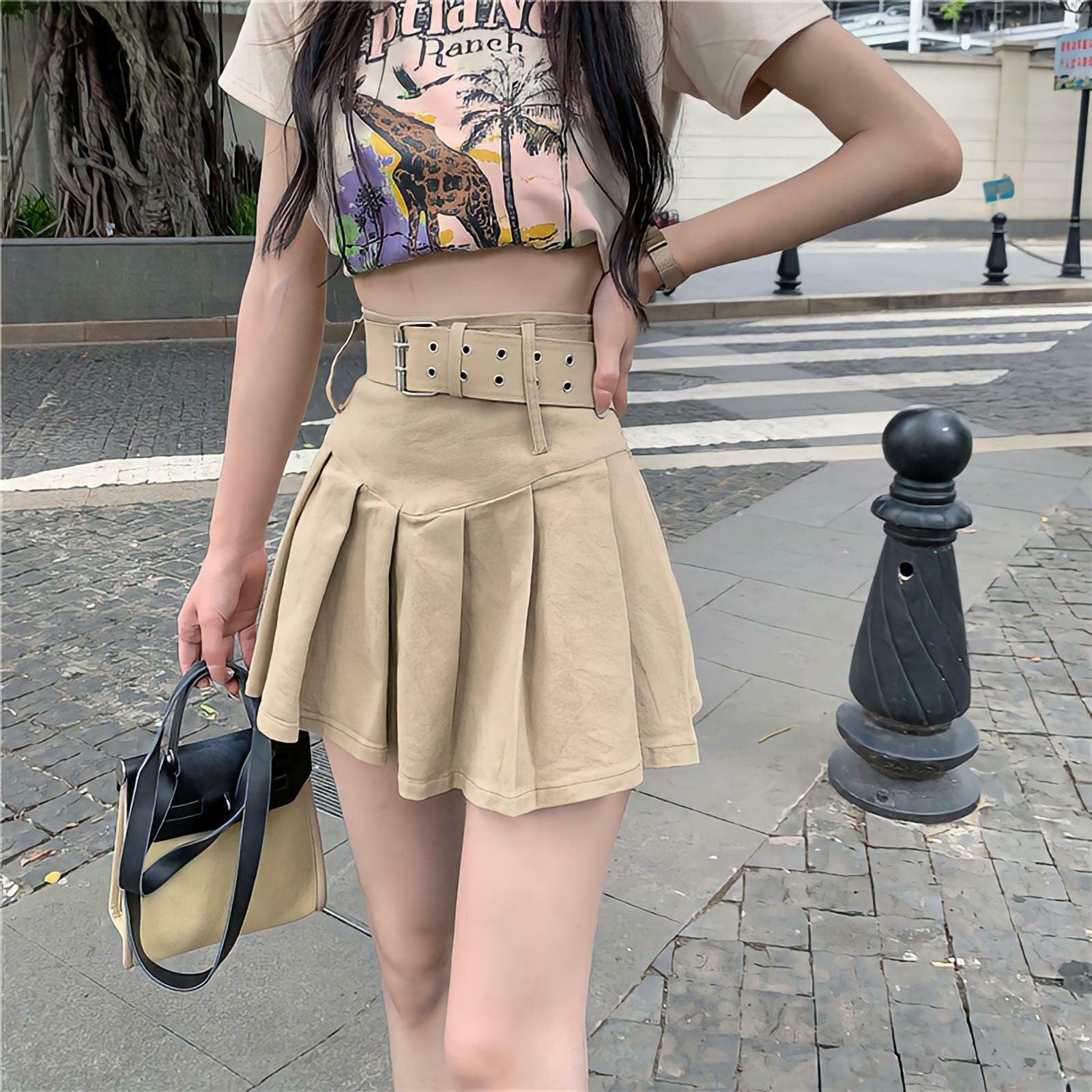 Chic Khaki Belt Detail Pleated Mini Skirt - Trendy Y2K Style for Effortless Fashion