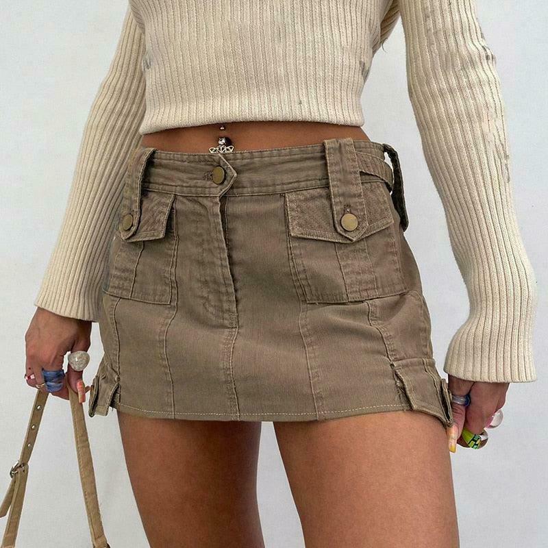 Chic Khaki Fairy Grunge Cargo Mini Skirt - Y2K Style with Pleated Design and Drawstring