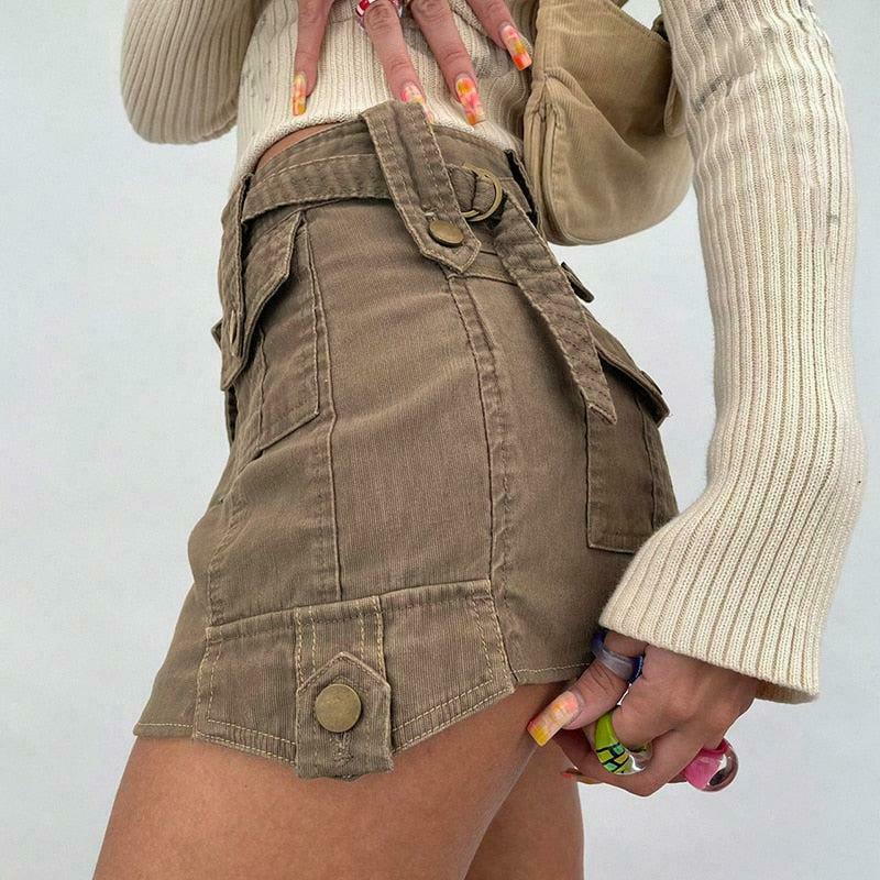 Chic Khaki Fairy Grunge Cargo Mini Skirt - Y2K Style with Pleated Design and Drawstring