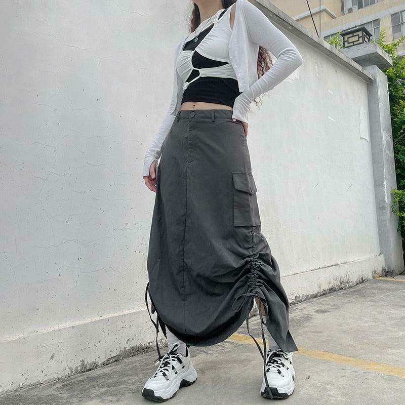 Chic Khaki Fairy Grunge Parachute Maxi Skirt - Y2K Fashion with Pleated Design & Drawstring