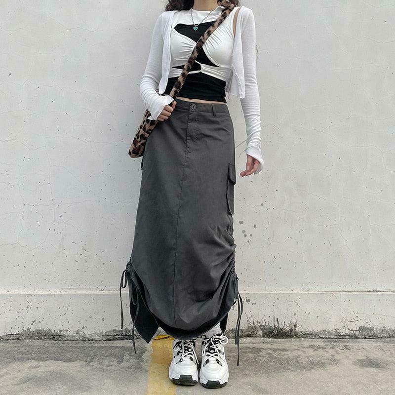 Chic Khaki Fairy Grunge Parachute Maxi Skirt - Y2K Fashion with Pleated Design & Drawstring