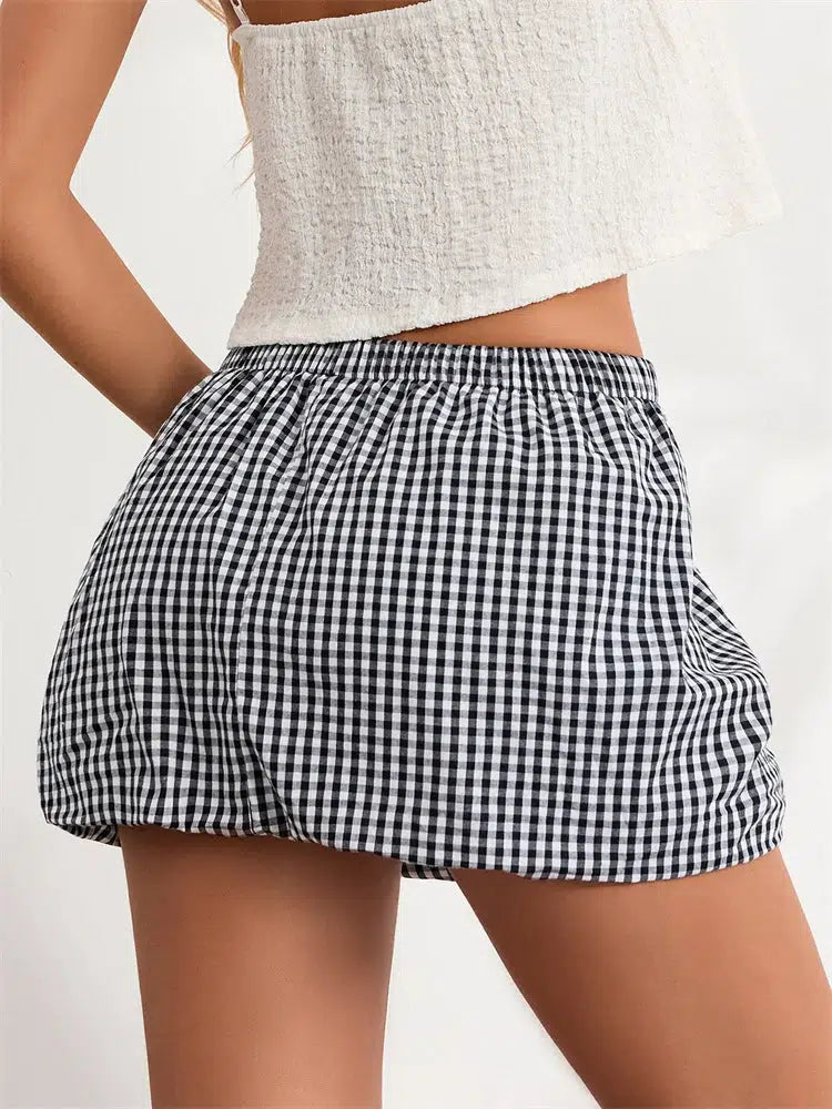 Chic Khaki Plaid Bubble Mini Skirt - Trendy Y2K Style with Pleated Design and Drawstring