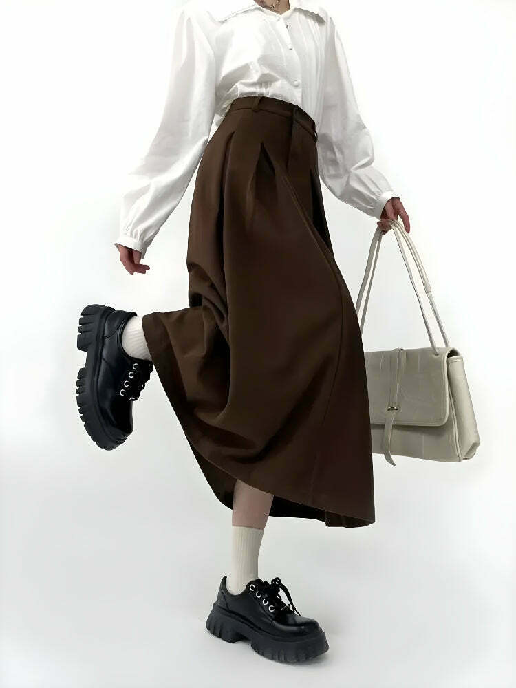 Chic Khaki Pleated Midi Skirt - Y2K Fashion Essential for Trendy Outfits and Styles