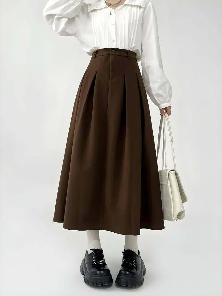 Chic Khaki Pleated Midi Skirt - Y2K Fashion Essential for Trendy Outfits and Styles