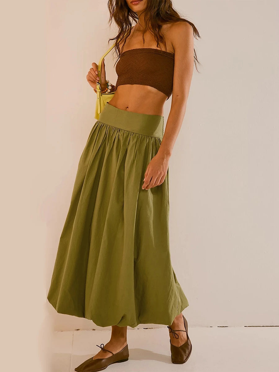 Chic Khaki Ruched Bubble Hem Midi Skirt - Trendy Y2K Style with Pleated Design