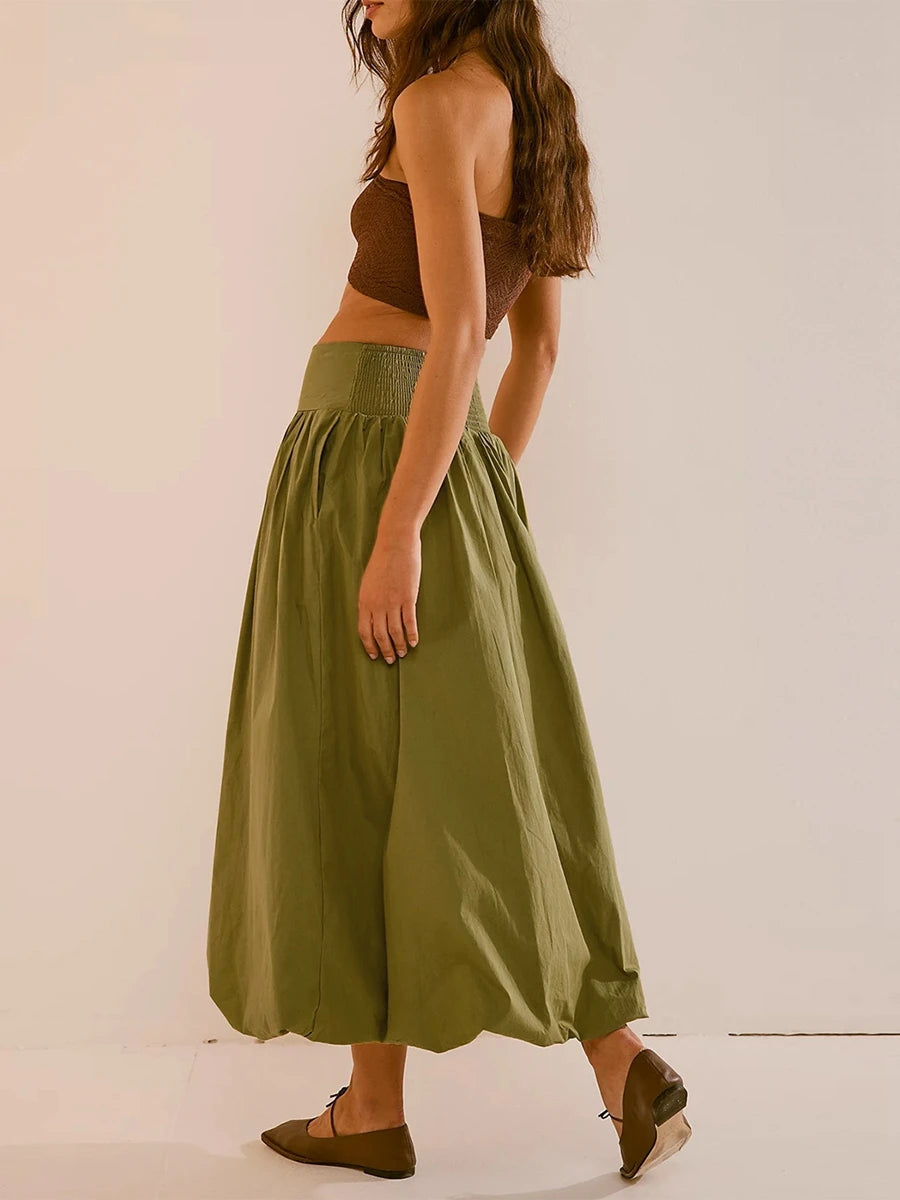 Chic Khaki Ruched Bubble Hem Midi Skirt - Trendy Y2K Style with Pleated Design