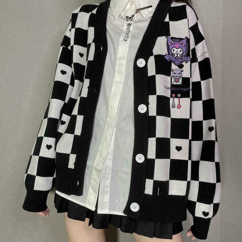 Chic Kuromi Buttoned Black Cardigan - Y2K Grunge Style with Floral Accents and Cozy Fit