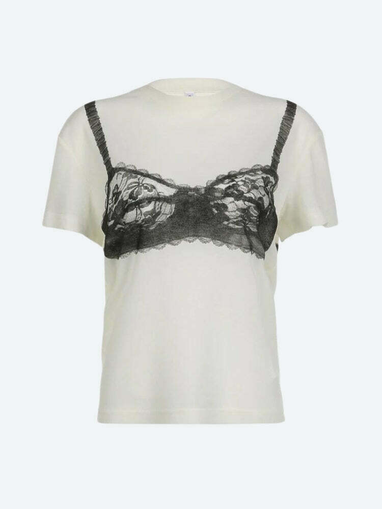 Chic Lace Bra Tee with Y2K Vibes - Trendy Mexico Baby Tee for Stylish Streetwear Looks