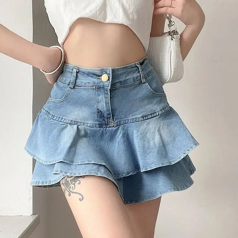 Chic Layered Ruffled Denim Mini Skirt - Trendy Y2K Style for Effortless Fashion Statements