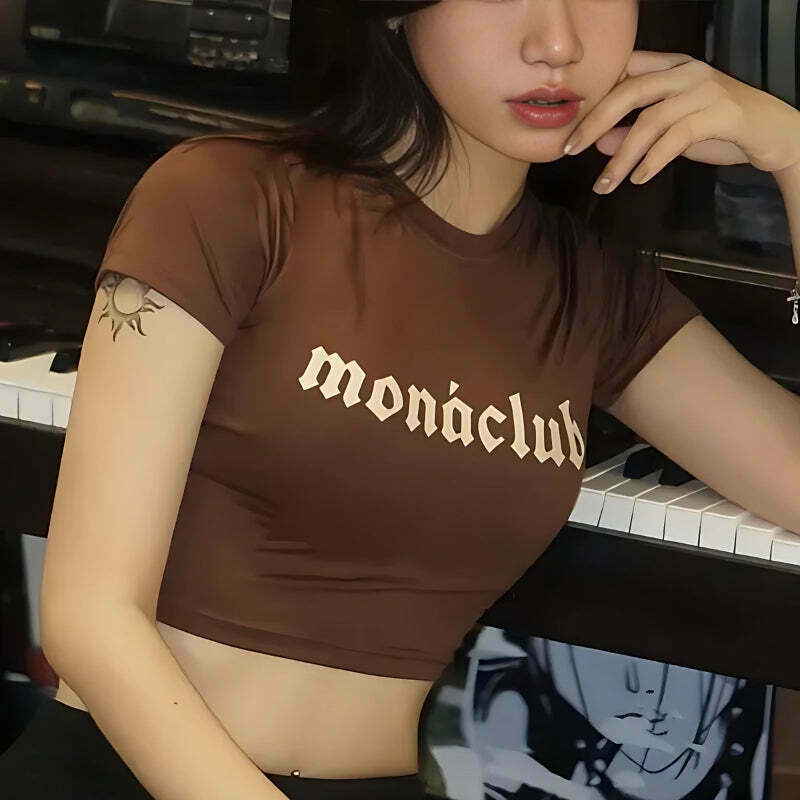 Chic Monaclub Crop Top - Trendy Y2K Fashion with Stylish Letterman Jacket Design