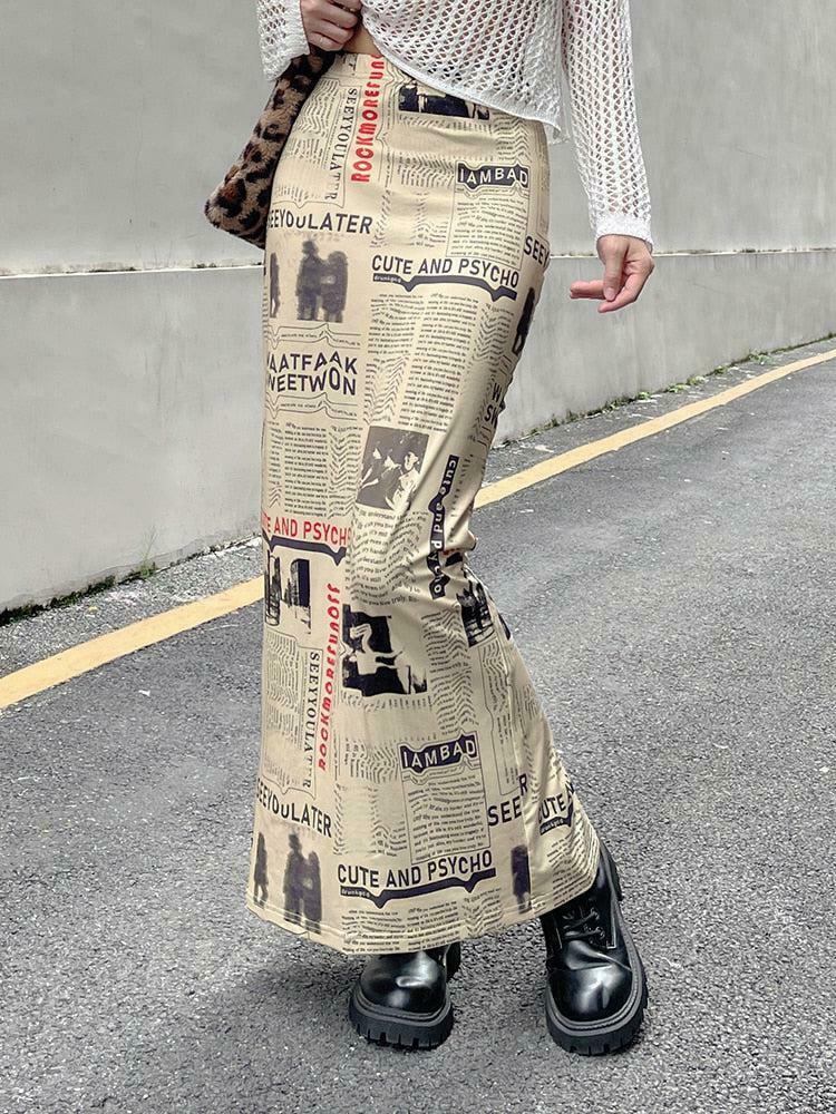 Chic Newspaper Printed Maxi Skirt in Khaki - Trendy Y2K Style with Pleated Design