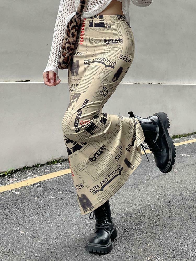 Chic Newspaper Printed Maxi Skirt in Khaki - Trendy Y2K Style with Pleated Design