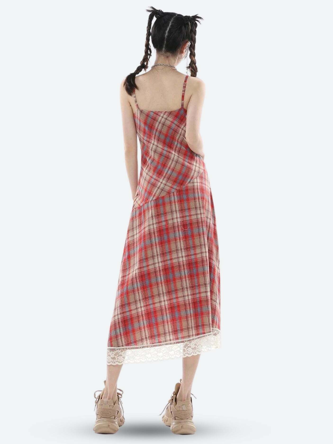 Chic Pink Plaid Midi Dress with Lace Details - Y2K Style Bohemian Sun Dress for All Occasions