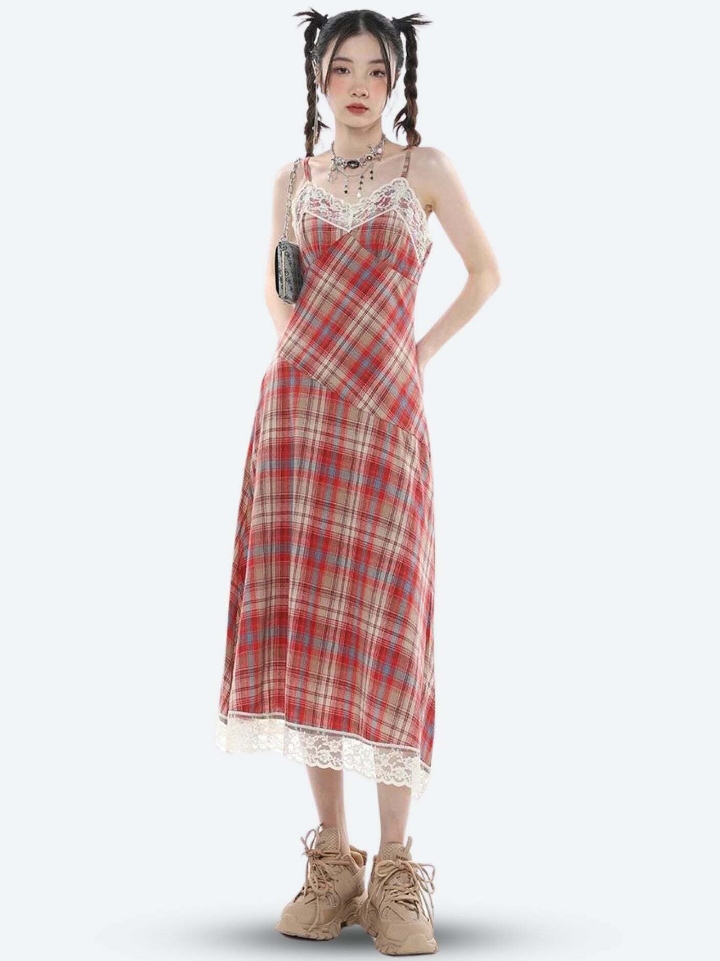 Chic Pink Plaid Midi Dress with Lace Details - Y2K Style Bohemian Sun Dress for All Occasions