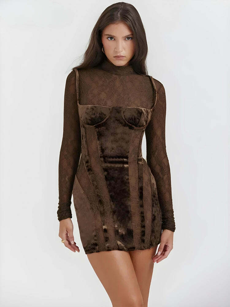 Chic Pink Velvet Mini Dress - Y2K Inspired Long Sleeve Bodycon for Bohemian Style