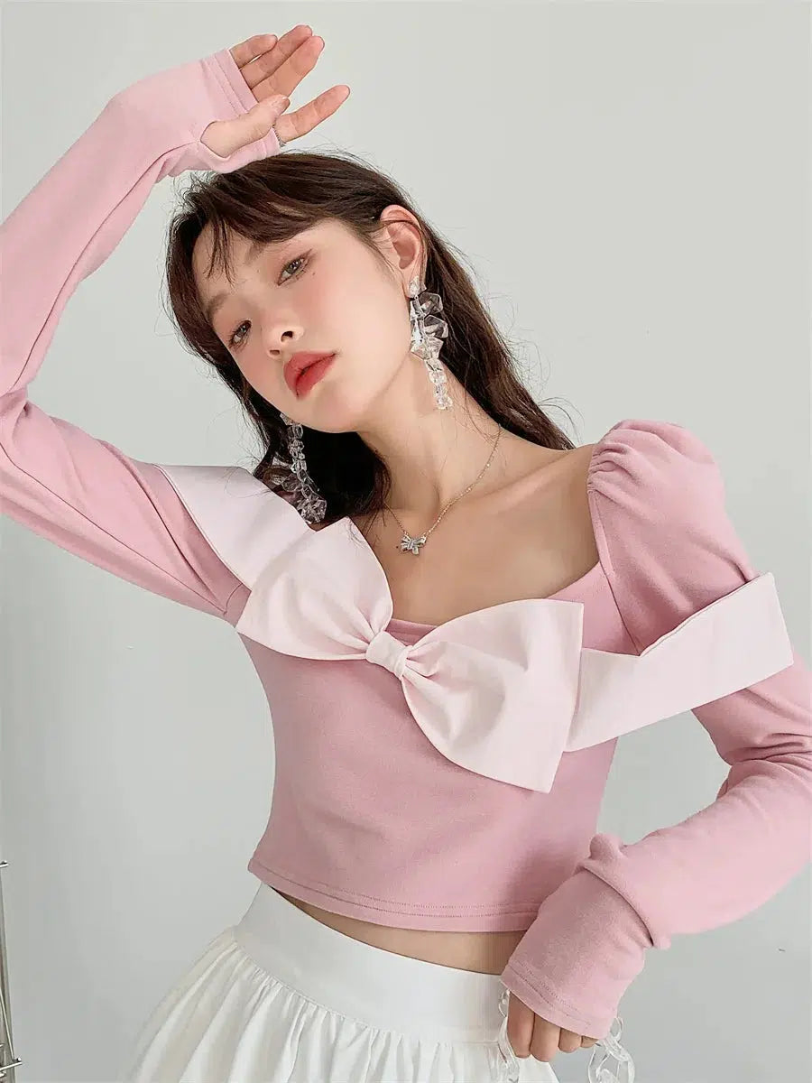 Chic Puff Shoulder Bow Crop Top in Y2K Style - Trendy Bow Coquette Design for Fashion Lovers