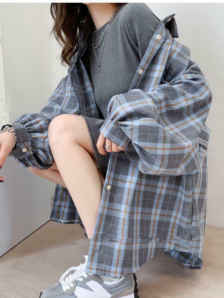 Chic Puff Sleeve Plaid Shirt - Trendy Y2K Fashion with Vintage Flannel Style and Comfort