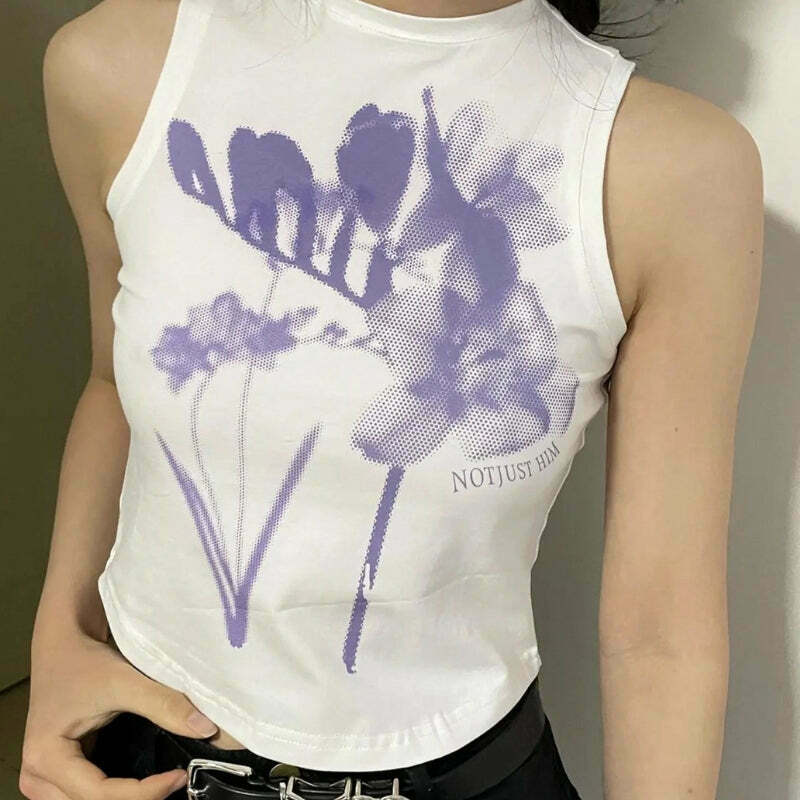 Chic Purple Flowers Y2K Crop Top with Bow Tie Detail - Trendy Fairy Style Tank Top