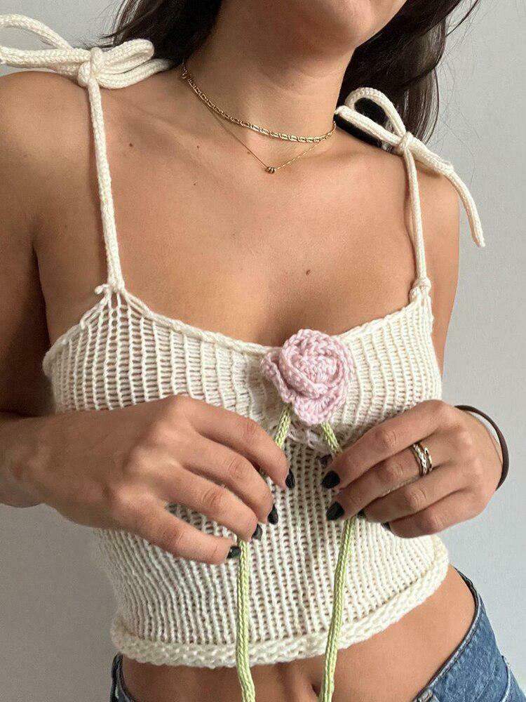 Chic Rose Detailed Knitted Crop Top - Trendy Y2K Style for Effortless Fashion Statements