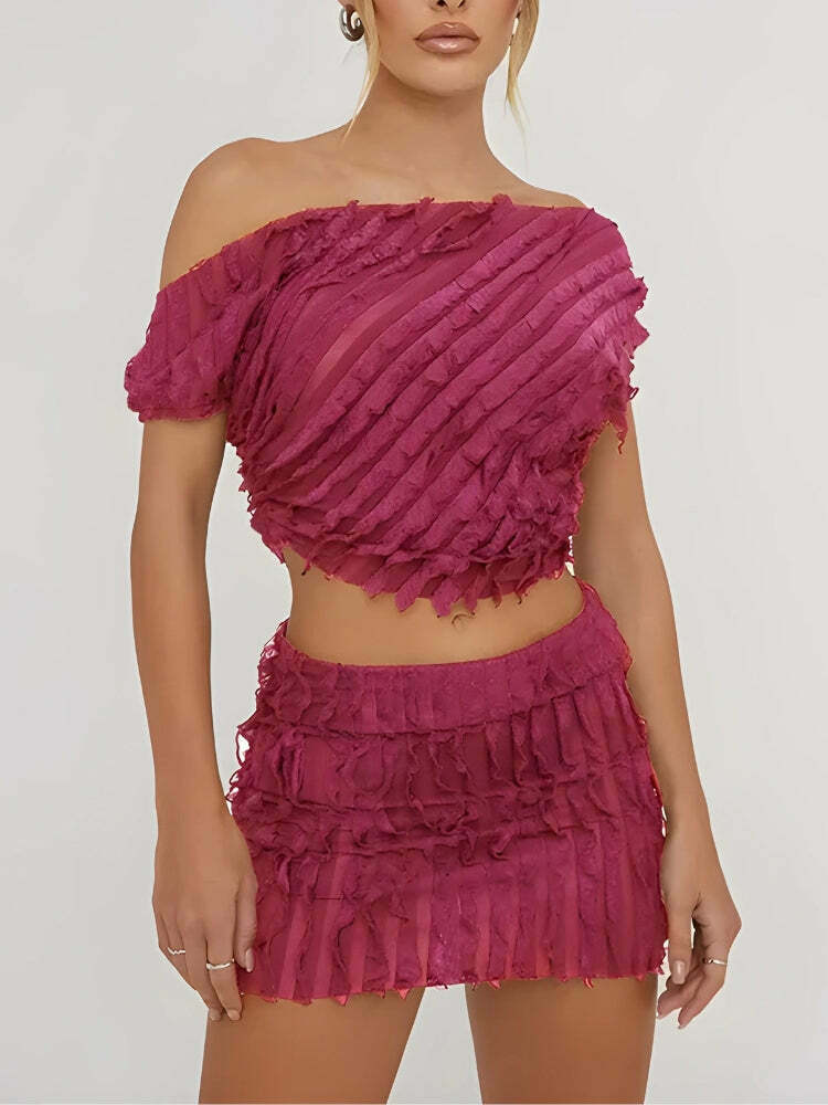 Chic Ruffled One Shoulder Top & Mini Skirt Two-Piece Set for Trendy Y2K Fashion Lovers