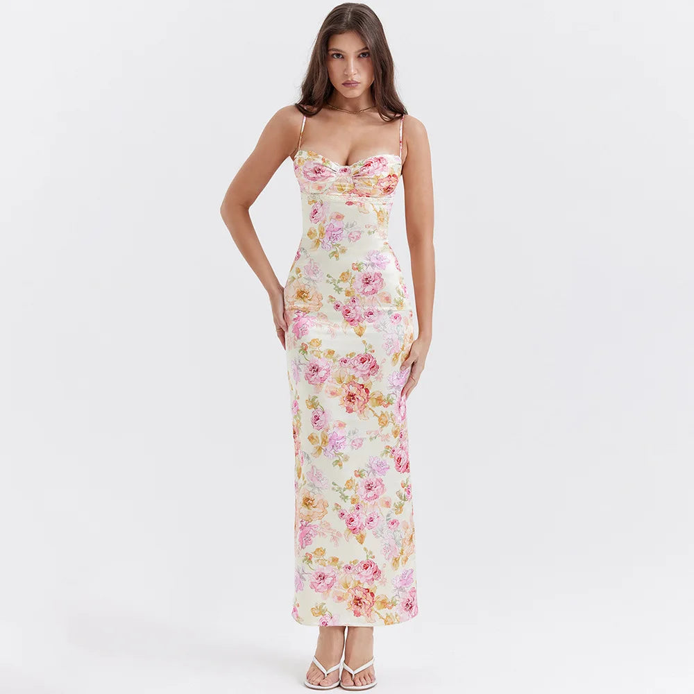 Chic Satin Floral Pencil Maxi Dress - Y2K Bohemian Style with Long Sleeves & Pink Plaid