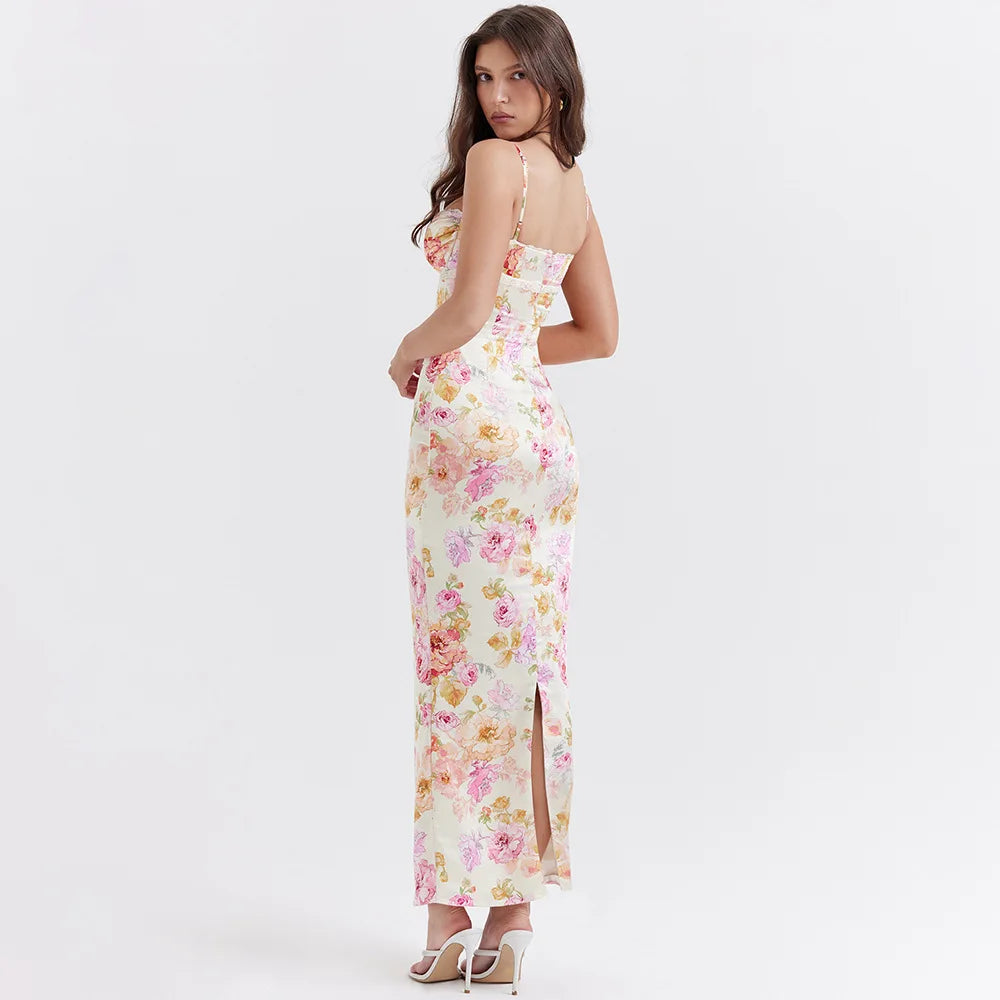 Chic Satin Floral Pencil Maxi Dress - Y2K Bohemian Style with Long Sleeves & Pink Plaid