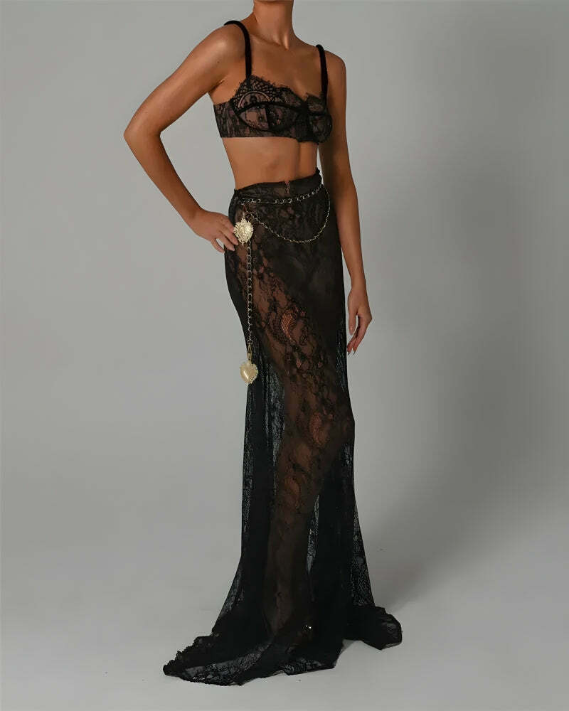 Chic Sheer Lace Two-Piece Set with Embroidery, Y2K Style Lace-Up Flare Pants & Mini Skirt