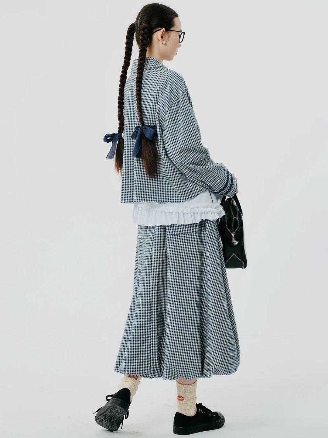 Chic Soft Girl Plaid Bubble Midi Skirt in Khaki - Trendy Y2K Fashion with Pleated Design