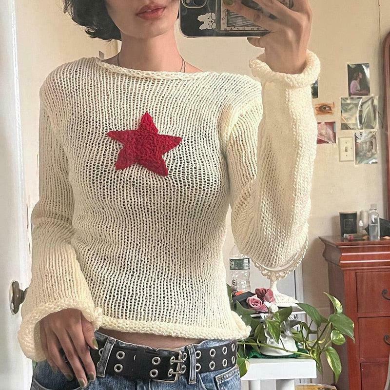 Chic Star Embroidery Knitted Top - Trendy Y2K Crop Top for Stylish Outfits