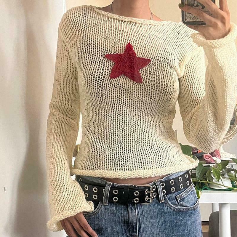 Chic Star Embroidery Knitted Top - Trendy Y2K Crop Top for Stylish Outfits