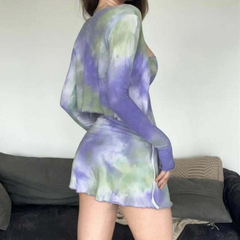 Chic Tie Dye Bolero Mini Dress - Bohemian Long Sleeve Bodycon for Y2K and Fairycore Styles