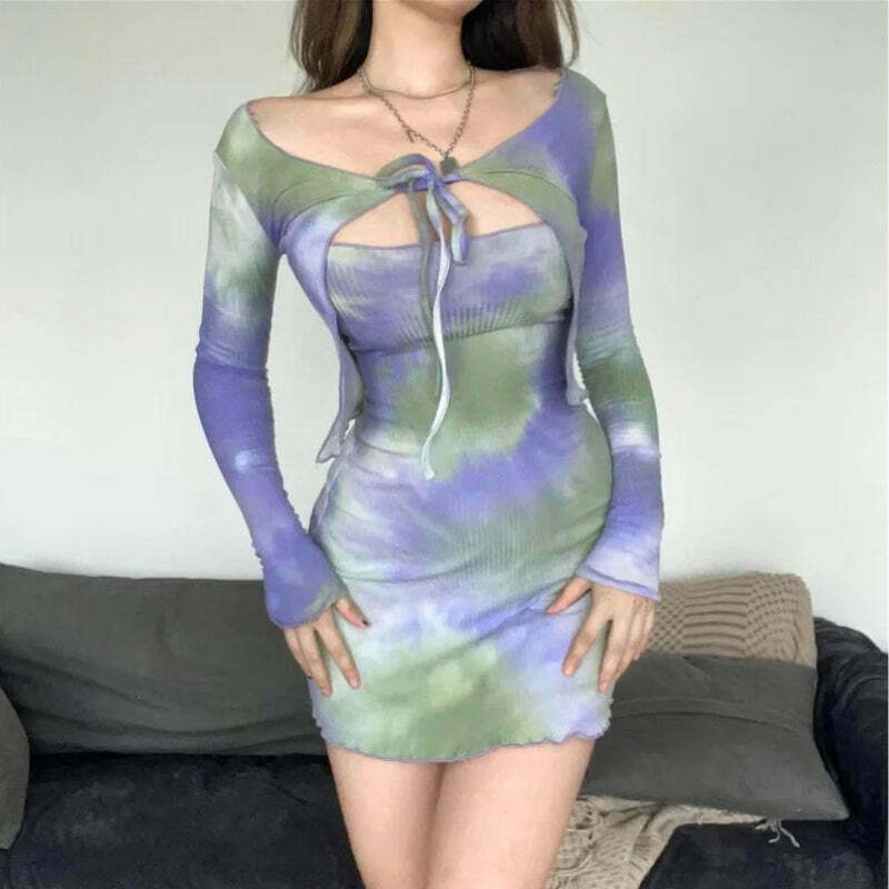 Chic Tie Dye Bolero Mini Dress - Bohemian Long Sleeve Bodycon for Y2K and Fairycore Styles