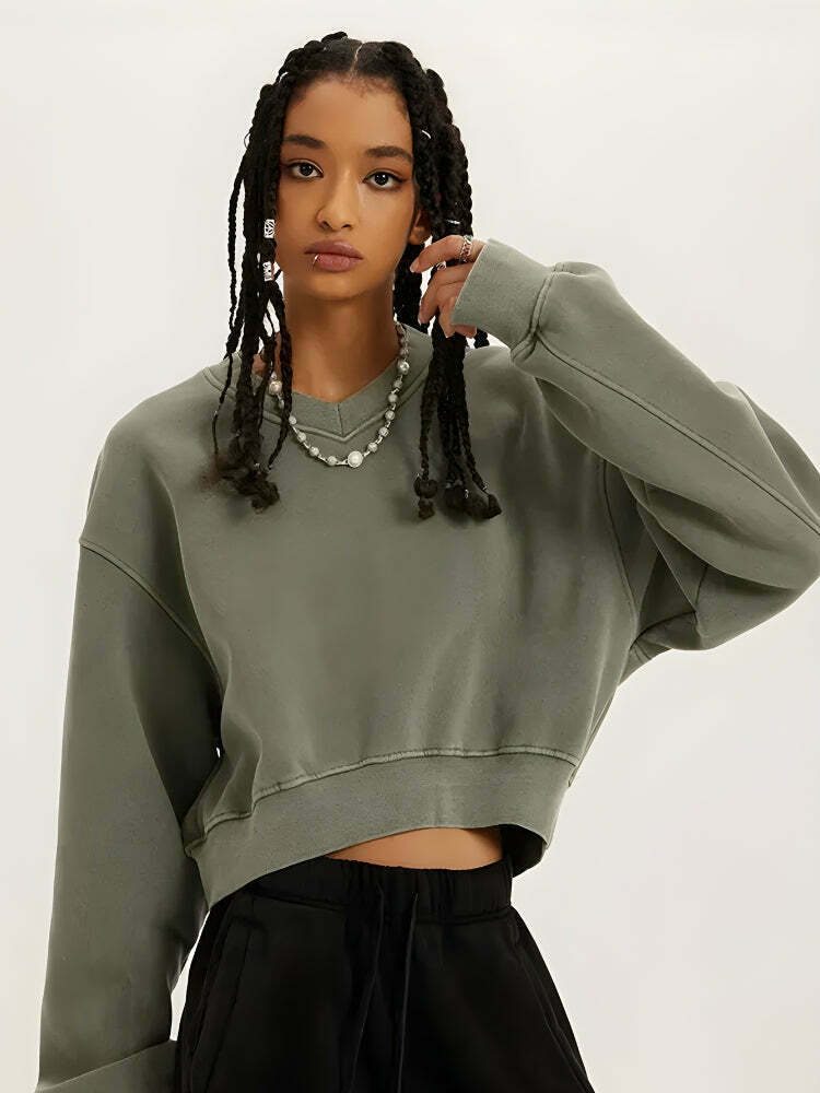 Chic V-Neck Drop Shoulder Cropped Sweatshirt in Cream - Y2K Aesthetic Corduroy Style