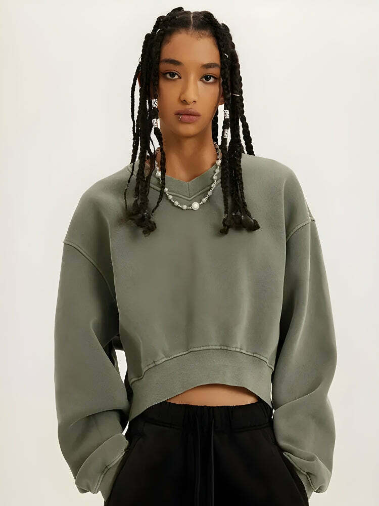 Chic V-Neck Drop Shoulder Cropped Sweatshirt in Cream - Y2K Aesthetic Corduroy Style