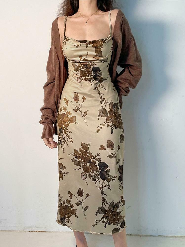 Chic Vintage Floral Maxi Dress - Bohemian Style with Long Sleeves for Y2K Fashion Lovers