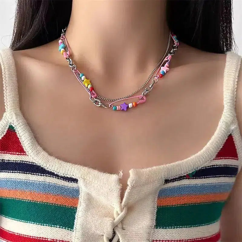 Chic Y2K Beaded Pin Necklace with Colorful Accents - Trendy Y2K Fashion Statement Piece