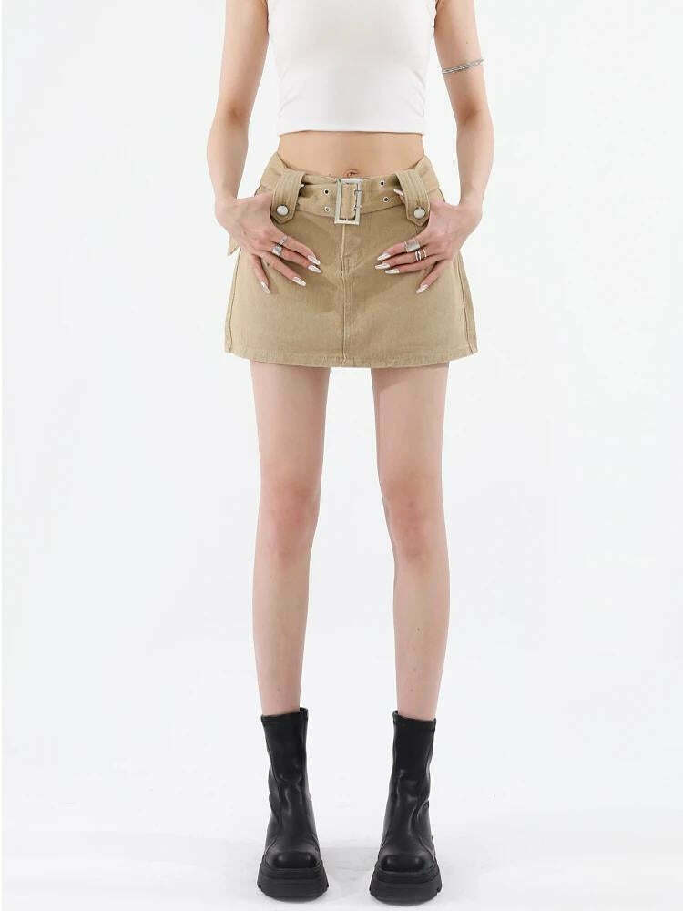 Chic Y2K Belted Denim Mini Skirt - Trendy Khaki Pleated & Grey Cargo Styles Available