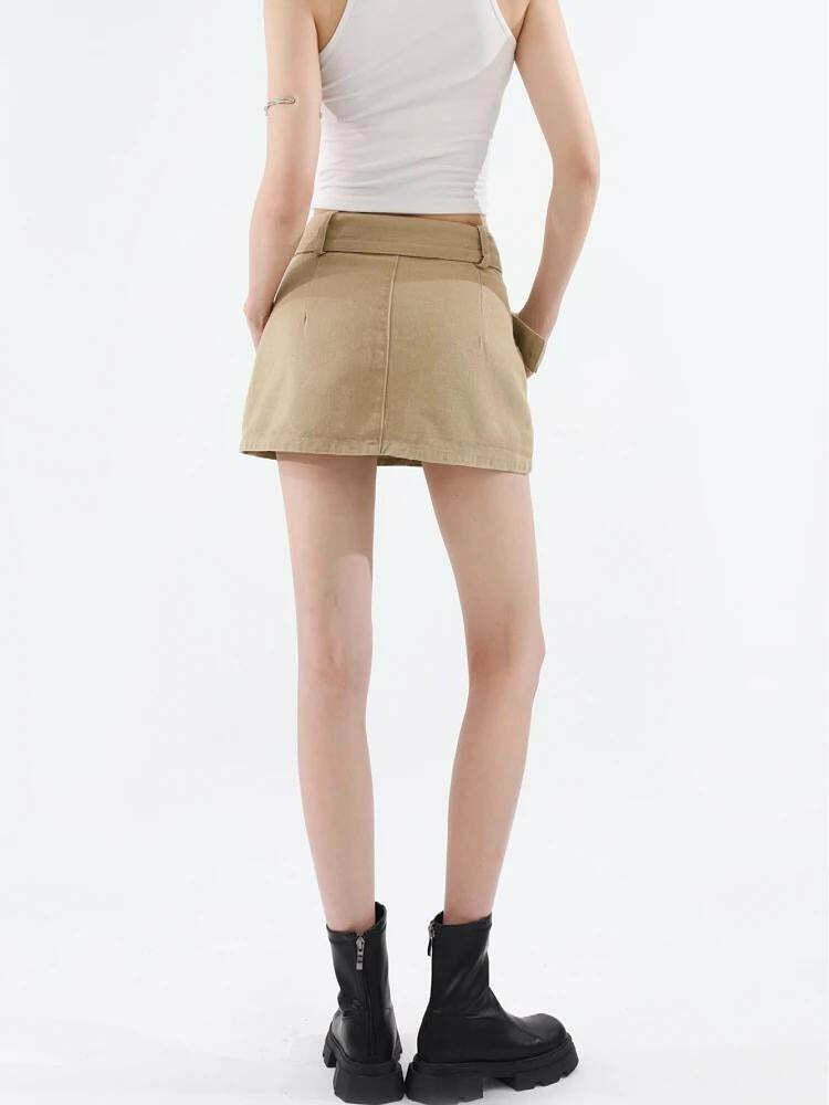 Chic Y2K Belted Denim Mini Skirt - Trendy Khaki Pleated & Grey Cargo Styles Available