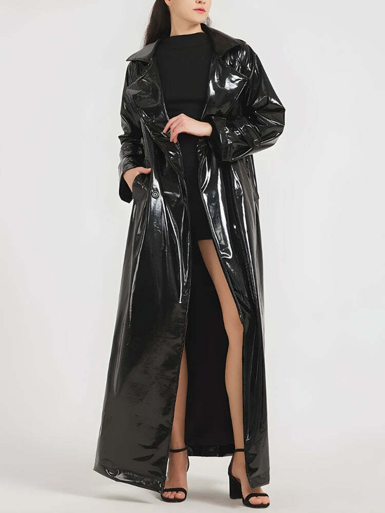 Chic Y2K Black Trench Coat with Luxurious Fur Collar - Stylish Winter Outerwear