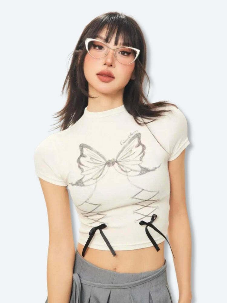 Chic Y2K Butterfly Crop Top with Bow Tie Detail - Trendy Denim Tube Top for Aesthetic Lovers