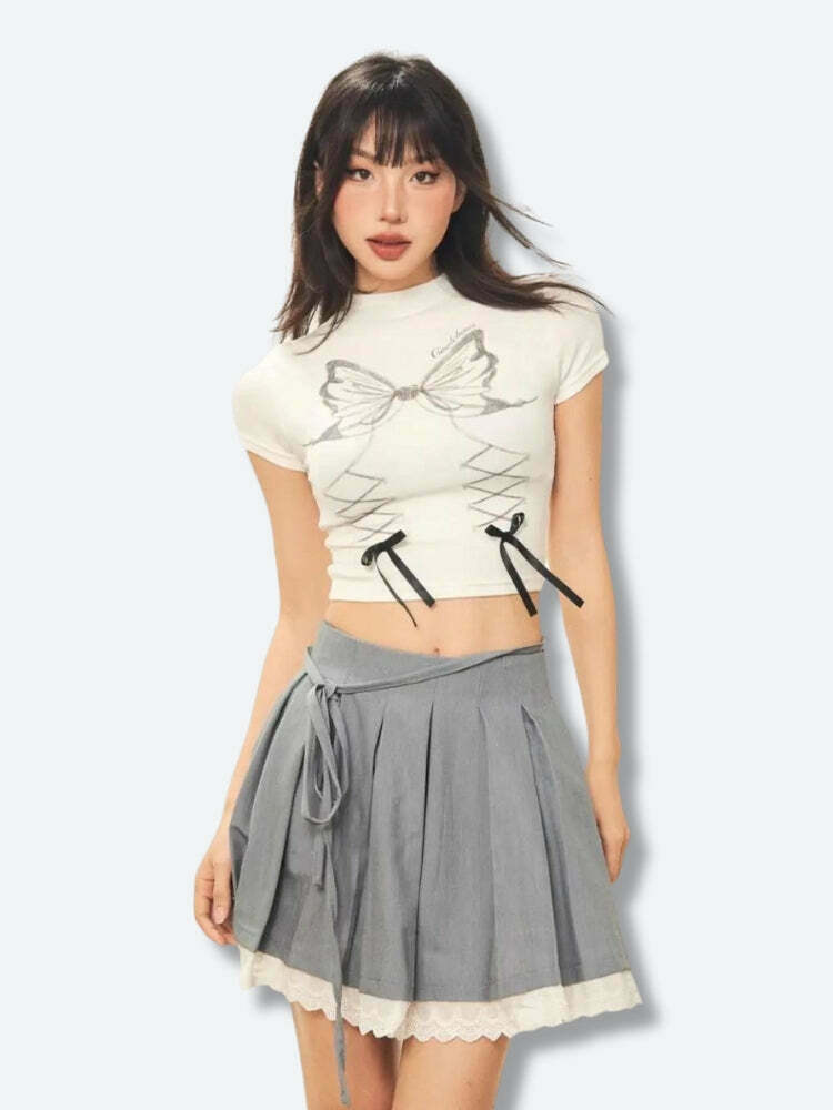 Chic Y2K Butterfly Crop Top with Bow Tie Detail - Trendy Denim Tube Top for Aesthetic Lovers