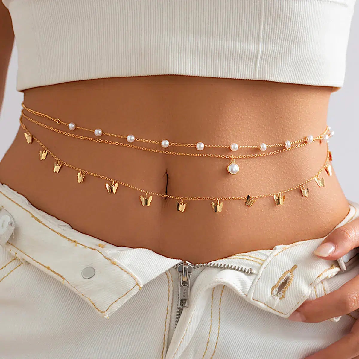 Chic Y2K Butterfly Layered Beaded Belly Chain - Trendy Kawaii Accessory for Stylish Outfits